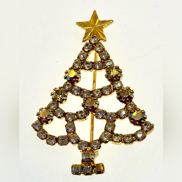 Vintage Gold Tone Sparkling Crystals Some AB Christmas Tree Brooch Pin - Picture 3 of 7
